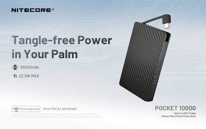 “Nitecore 10,000mAh pocket power bank with built-in charging cable – Compact fast-charge portable battery”