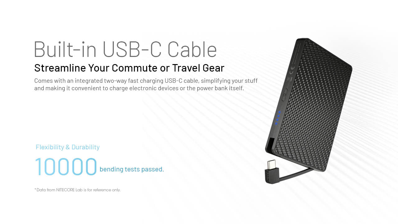 “Nitecore 10,000mAh pocket power bank with built-in charging cable – Compact fast-charge portable battery”