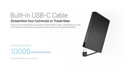 “Nitecore 10,000mAh pocket power bank with built-in charging cable – Compact fast-charge portable battery”