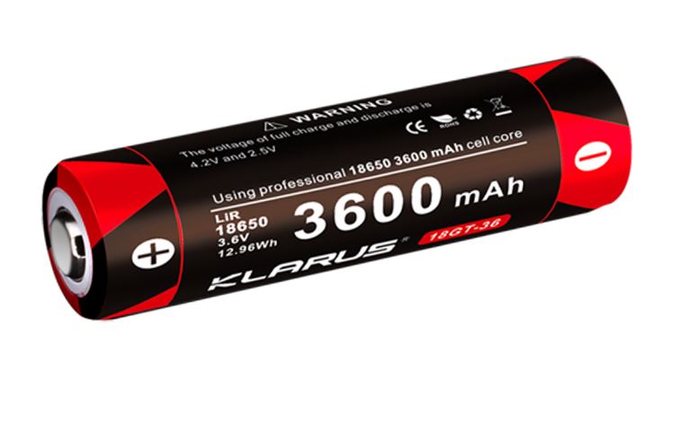 Klarus 18GT-36 18650 3600mAh rechargeable Li-ion battery for flashlights, headlamps, and other high-drain electronic devices