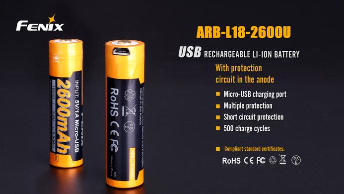 Fenix ARB-L18-2600U 18650 2600mAh 3.6V Protected Lithium Ion Button Top Battery with Micro USB Charging Port Rechargeable Batteries Fenix 
