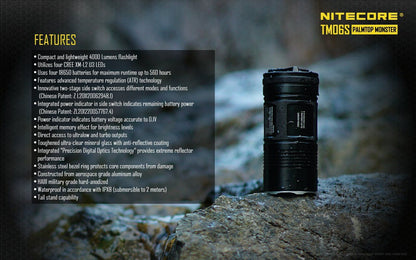 Nitecore TM06S Tiny Monster rechargeable LED flashlight with 4000 lumens brightness for search, camping, and professional lighting