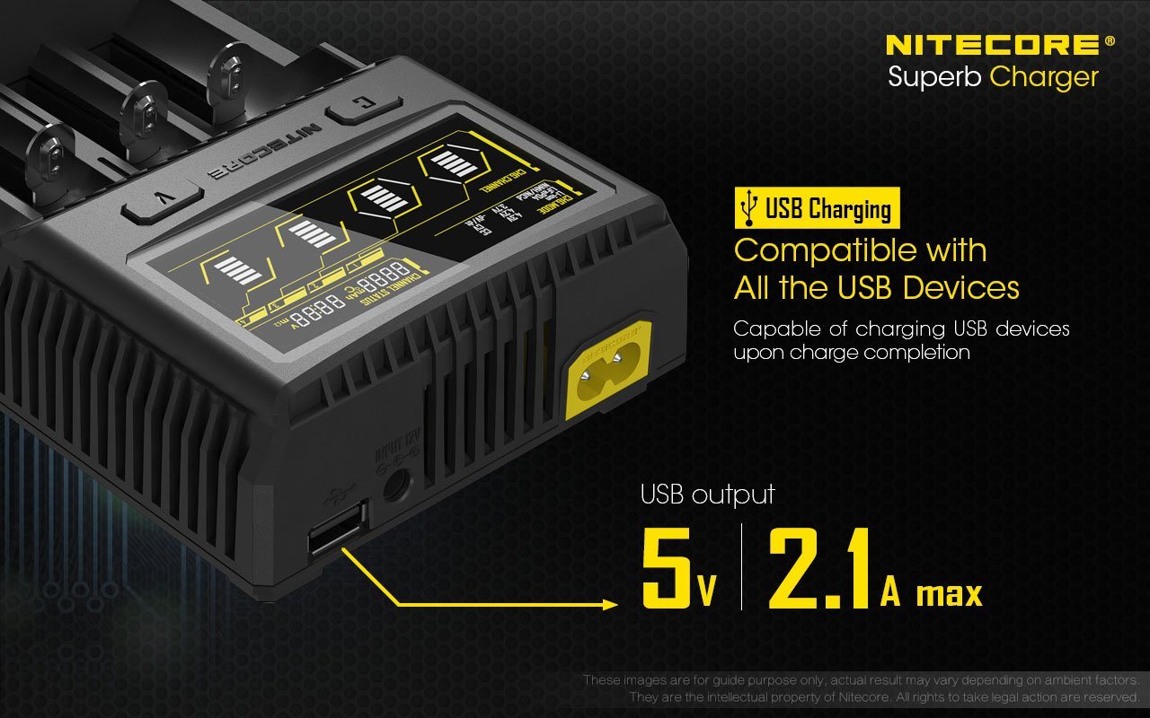 Nitecore SC4 four-slot USB super charger with LCD display for Li-ion, Ni-MH, and Ni-Cd rechargeable batteries