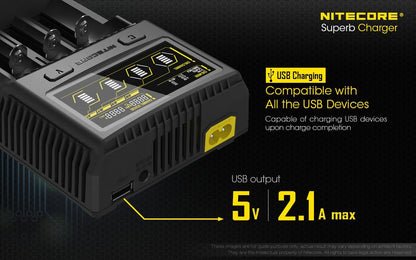Nitecore SC4 four-slot USB super charger with LCD display for Li-ion, Ni-MH, and Ni-Cd rechargeable batteries
