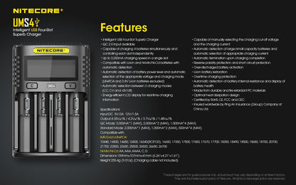 Nitecore UMS4 intelligent USB four-slot fast battery charger with LCD display compatible with Li-ion, Ni-MH, and Ni-Cd batteries