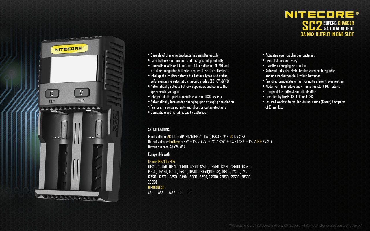 Nitecore SC2 dual-slot fast USB super charger with LCD display for Li-ion, Ni-MH, and Ni-Cd rechargeable batteries
