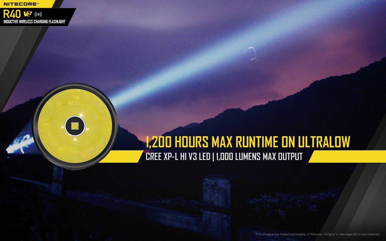 Nitecore R40 V2 rechargeable LED flashlight with 1200 lumens brightness and wireless charging for patrol, duty, and professional lighting