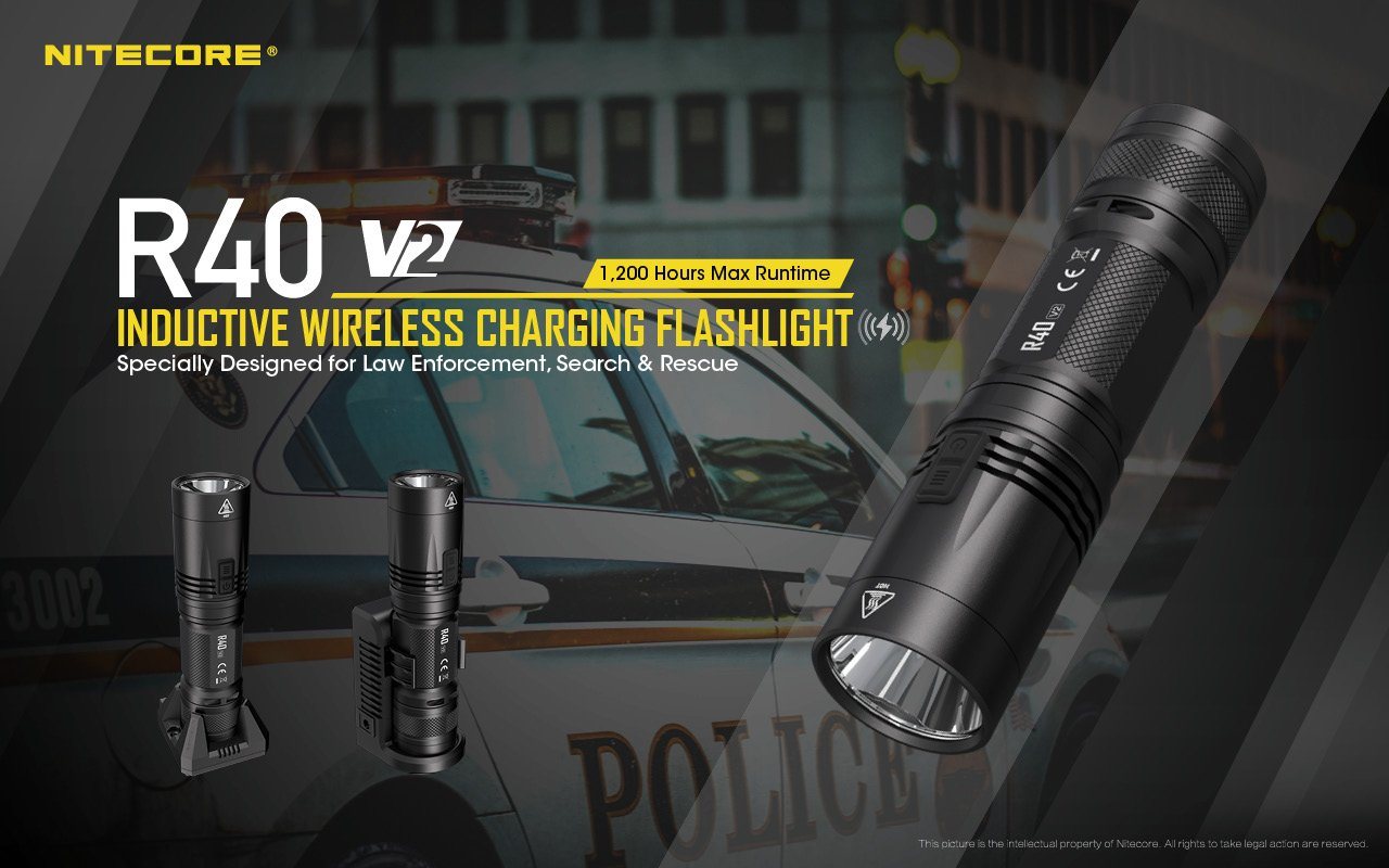 Nitecore R40 V2 rechargeable LED flashlight with 1200 lumens brightness and wireless charging for patrol, duty, and professional lighting