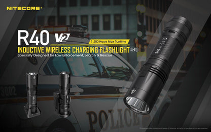 Nitecore R40 V2 rechargeable LED flashlight with 1200 lumens brightness and wireless charging for patrol, duty, and professional lighting