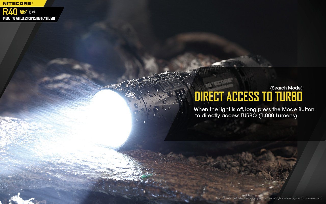Nitecore R40 V2 rechargeable LED flashlight with 1200 lumens brightness and wireless charging for patrol, duty, and professional lighting