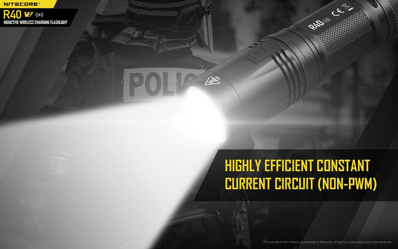 Nitecore R40 V2 rechargeable LED flashlight with 1200 lumens brightness and wireless charging for patrol, duty, and professional lighting