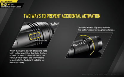 Nitecore R40 V2 rechargeable LED flashlight with 1200 lumens brightness and wireless charging for patrol, duty, and professional lighting