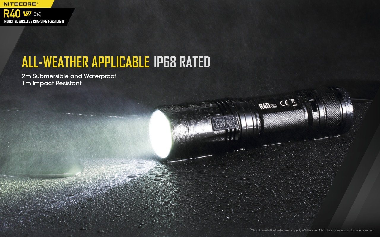 Nitecore R40 V2 rechargeable LED flashlight with 1200 lumens brightness and wireless charging for patrol, duty, and professional lighting