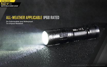 Nitecore R40 V2 rechargeable LED flashlight with 1200 lumens brightness and wireless charging for patrol, duty, and professional lighting