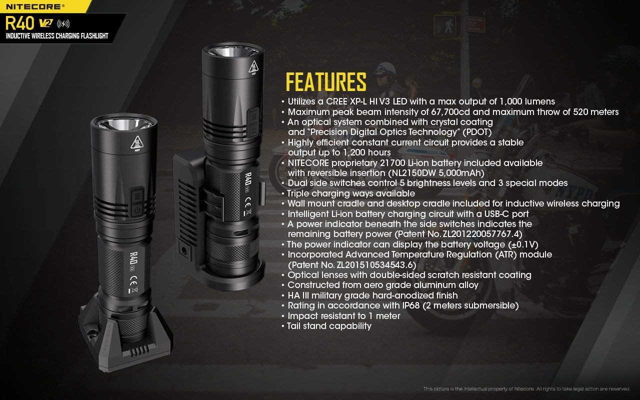 Nitecore R40 V2 rechargeable LED flashlight with 1200 lumens brightness and wireless charging for patrol, duty, and professional lighting