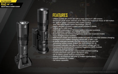 Nitecore R40 V2 rechargeable LED flashlight with 1200 lumens brightness and wireless charging for patrol, duty, and professional lighting