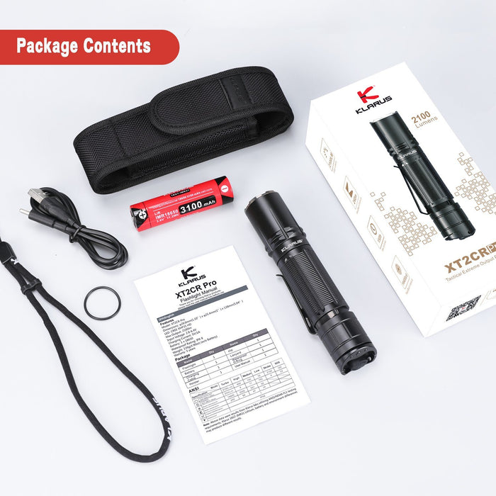 Klarus XT2CR Pro 2100 Lumens USB-C Rechargeable Tactical LED Flashlight package contents 