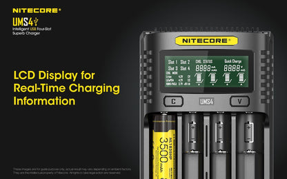 Nitecore UMS4 intelligent USB four-slot fast battery charger with LCD display compatible with Li-ion, Ni-MH, and Ni-Cd batteries