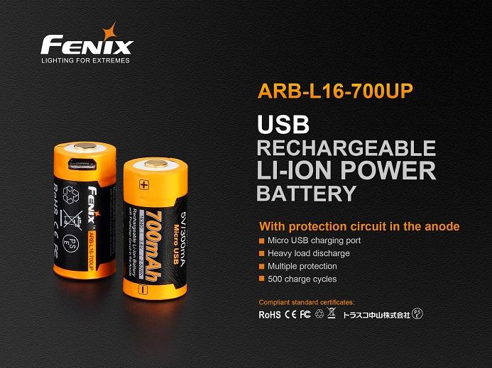 Fenix ARB-L16 700UP USB Rechargeable Li-ion 16340 Battery FlashLightWorld Canada 