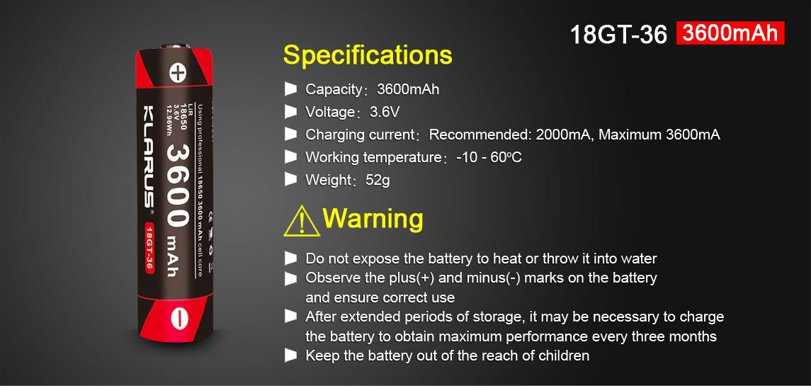 Klarus 18GT-36 3600mAh 18650 Battery Rechargeable Batteries Klarus 