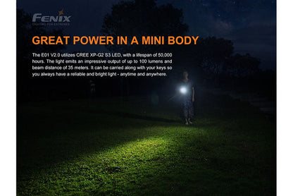 Fenix E01 V2.0 compact EDC LED flashlight with 100 lumens brightness for everyday carry, travel, and emergency lighting