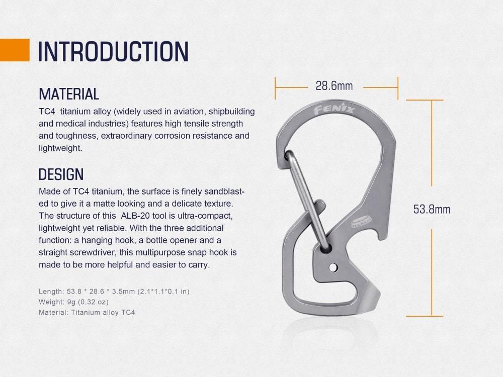Fenix ALB-20 TC4 titanium alloy snap hook multi-purpose carabiner clip for keys, tools, camping, and outdoor gear
