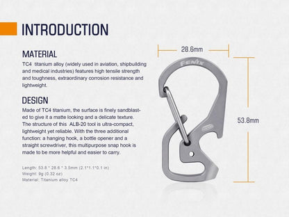Fenix ALB-20 TC4 titanium alloy snap hook multi-purpose carabiner clip for keys, tools, camping, and outdoor gear