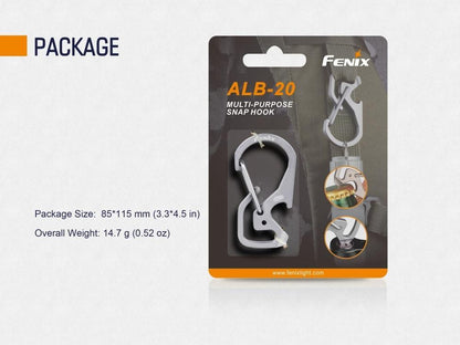 Fenix ALB-20 TC4 titanium alloy snap hook multi-purpose carabiner clip for keys, tools, camping, and outdoor gear