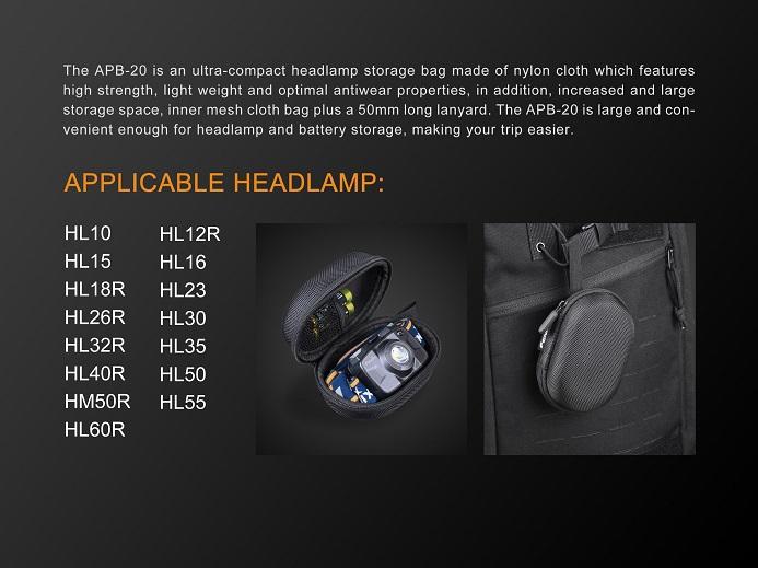 Fenix APB-20 headlamp storage bag protective carry case for flashlights and accessories, water-resistant and durable for outdoor use