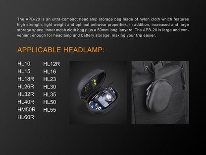 Fenix APB-20 headlamp storage bag protective carry case for flashlights and accessories, water-resistant and durable for outdoor use