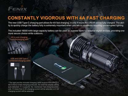 Fenix LR50R rechargeable multifunctional LED searchlight with 12,000 lumens brightness for search, rescue, and outdoor professional lighting