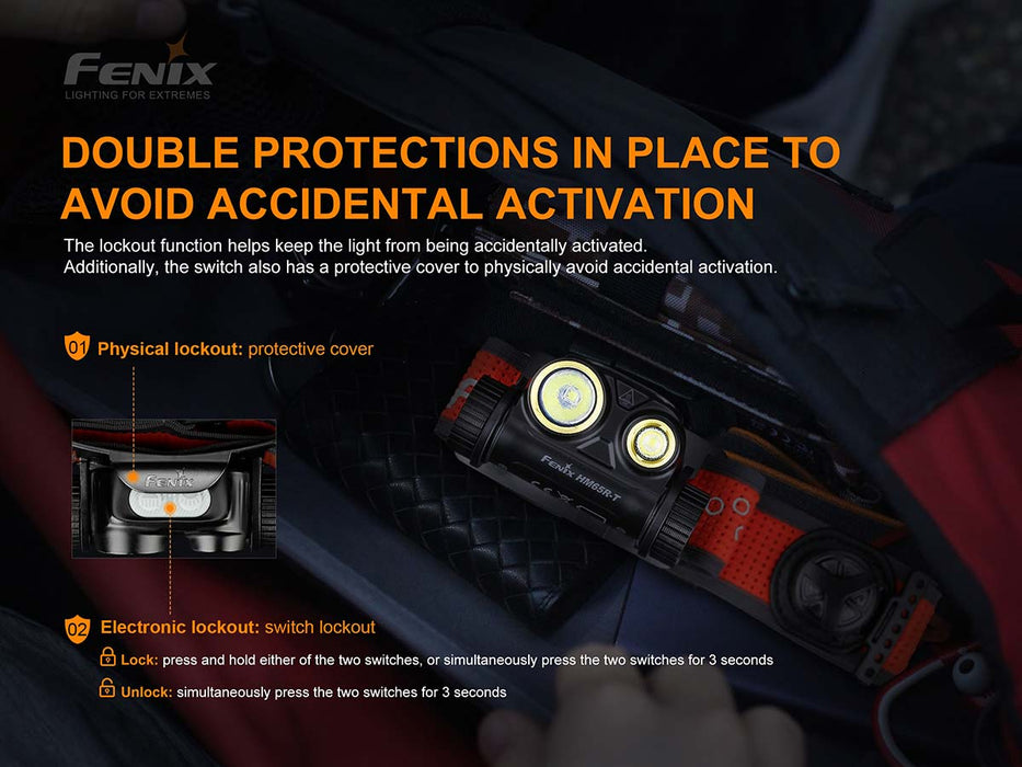 Fenix HM65R-T Trail Running Rechargeable Headlamp double protections in place to avoid accidental activation