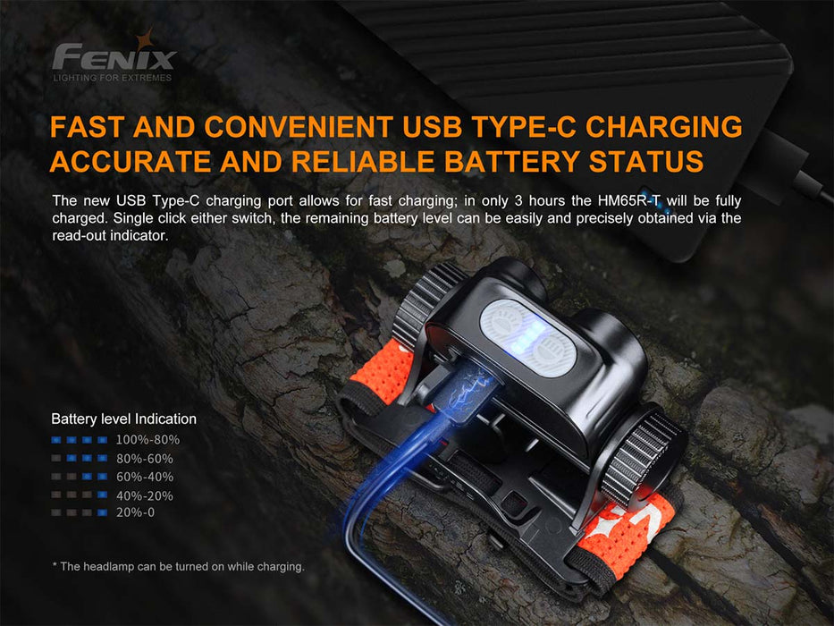 Fenix HM65R-T Trail Running Rechargeable Headlamp fast and convenient USB type-c charging accurate and reliable battery status