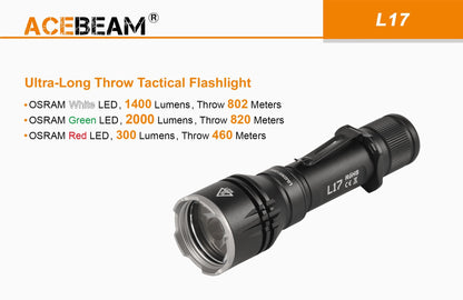 Acebeam L17 long-range tactical white LED flashlight with 1400 lumens brightness for hunting, tactical, and outdoor lighting