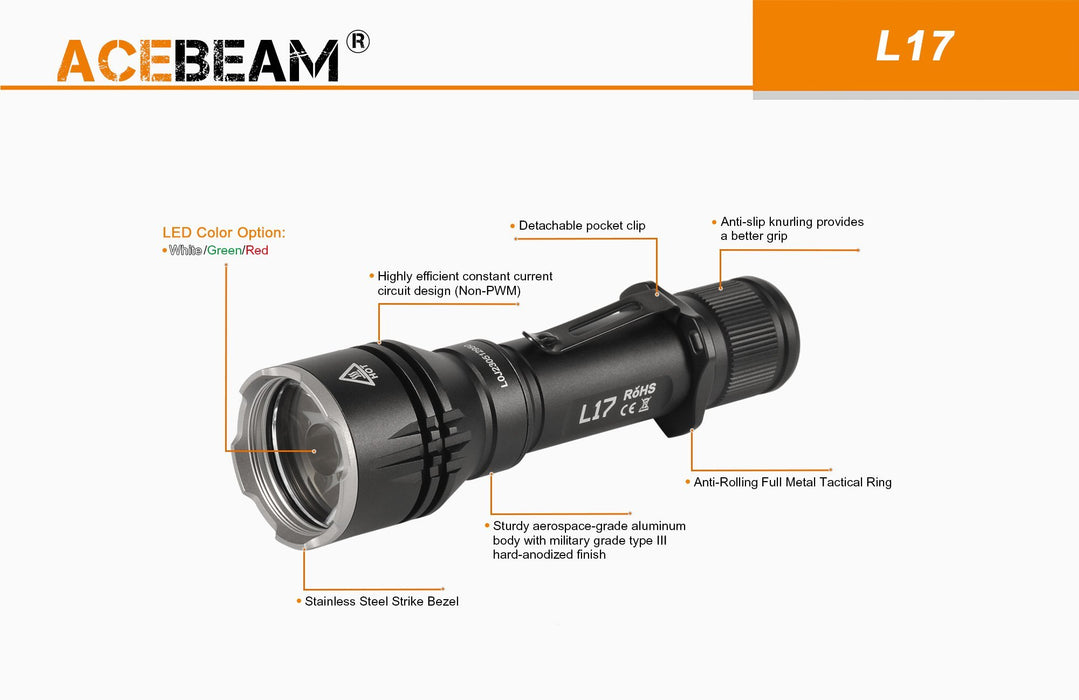 Acebeam L17 Long Range Tactical LED Flashlight - White Led Flashlight Acebeam 