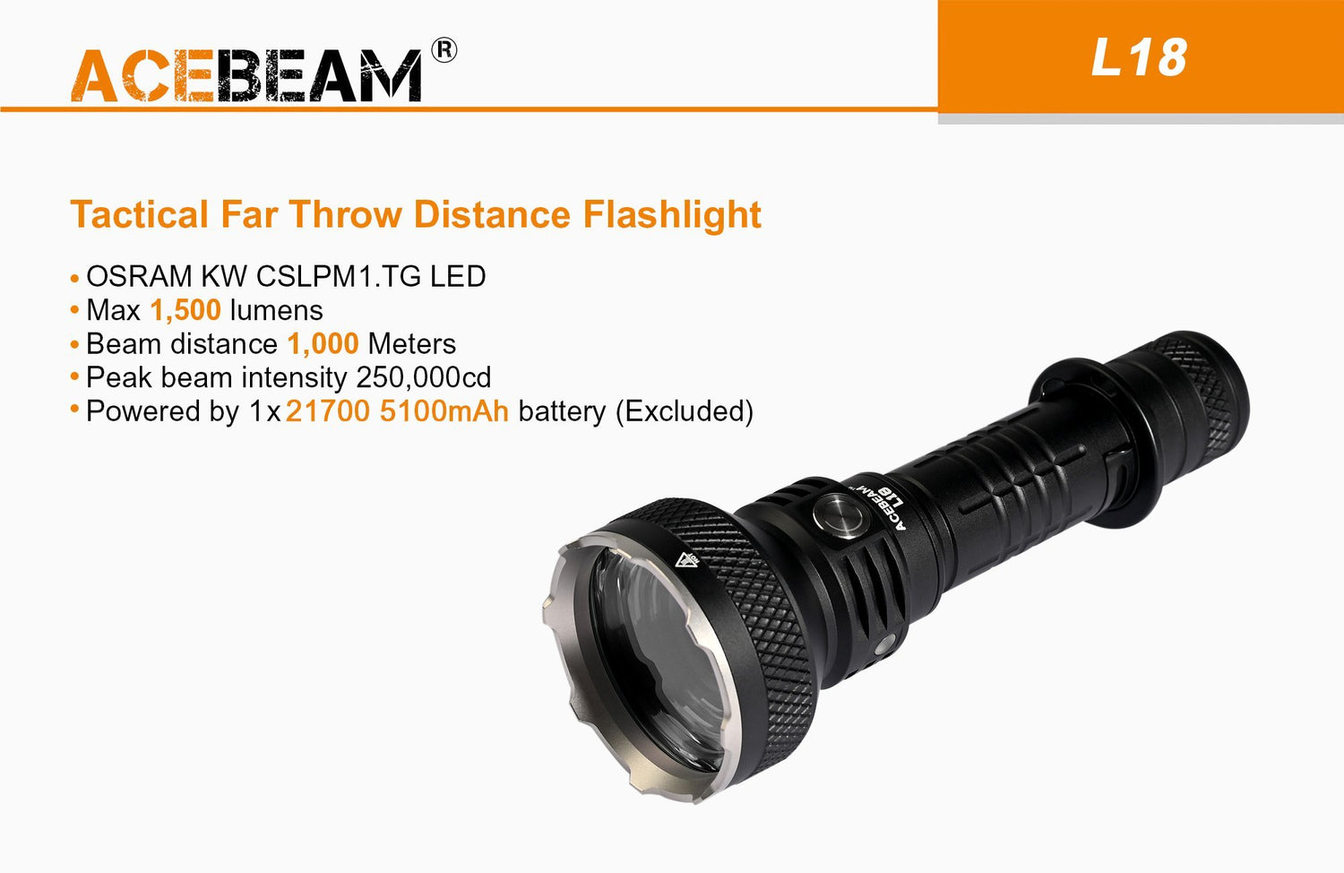 Acebeam L18 long-range rechargeable tactical LED flashlight with 1500 lumens brightness for hunting, search, and outdoor lighting