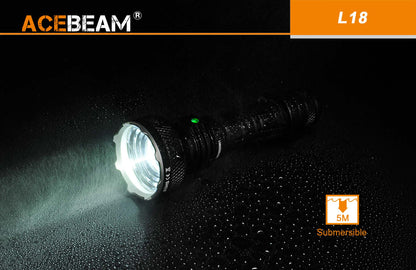 Acebeam L18 long-range rechargeable tactical LED flashlight with 1500 lumens brightness for hunting, search, and outdoor lighting