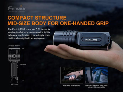 Fenix LR35R rechargeable LED flashlight with 10,000 lumens brightness for search, rescue, and professional outdoor lighting