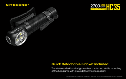 Nitecore HC35 USB rechargeable L-shape detachable LED headlamp flashlight with 2700 lumens brightness for work, camping, and outdoor lighting