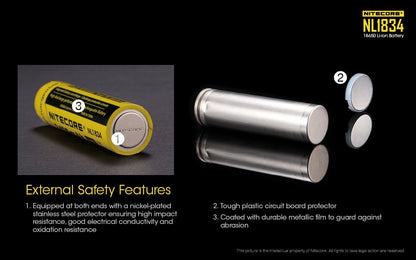 Nitecore NL1834 18650 3400mAh protected 3.7V Li-ion button top rechargeable battery for flashlights and high-performance electronics