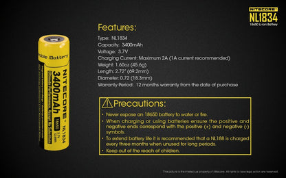 Nitecore NL1834 18650 3400mAh protected 3.7V Li-ion button top rechargeable battery for flashlights and high-performance electronics
