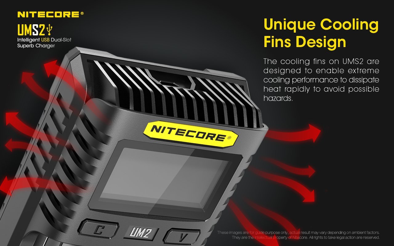 Nitecore UMS2 intelligent USB dual-slot fast battery charger with LCD display for Li-ion, Ni-MH, and Ni-Cd rechargeable batteries