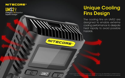 Nitecore UMS2 intelligent USB dual-slot fast battery charger with LCD display for Li-ion, Ni-MH, and Ni-Cd rechargeable batteries