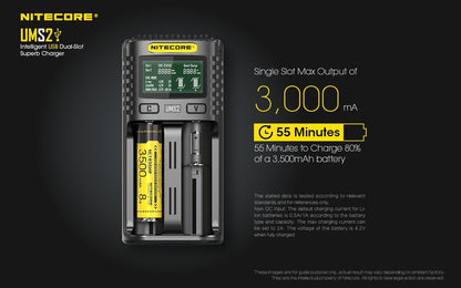 Nitecore UMS2 intelligent USB dual-slot fast battery charger with LCD display for Li-ion, Ni-MH, and Ni-Cd rechargeable batteries