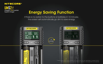   Nitecore UMS2 intelligent USB dual-slot fast battery charger with LCD display for Li-ion, Ni-MH, and Ni-Cd rechargeable batteries
