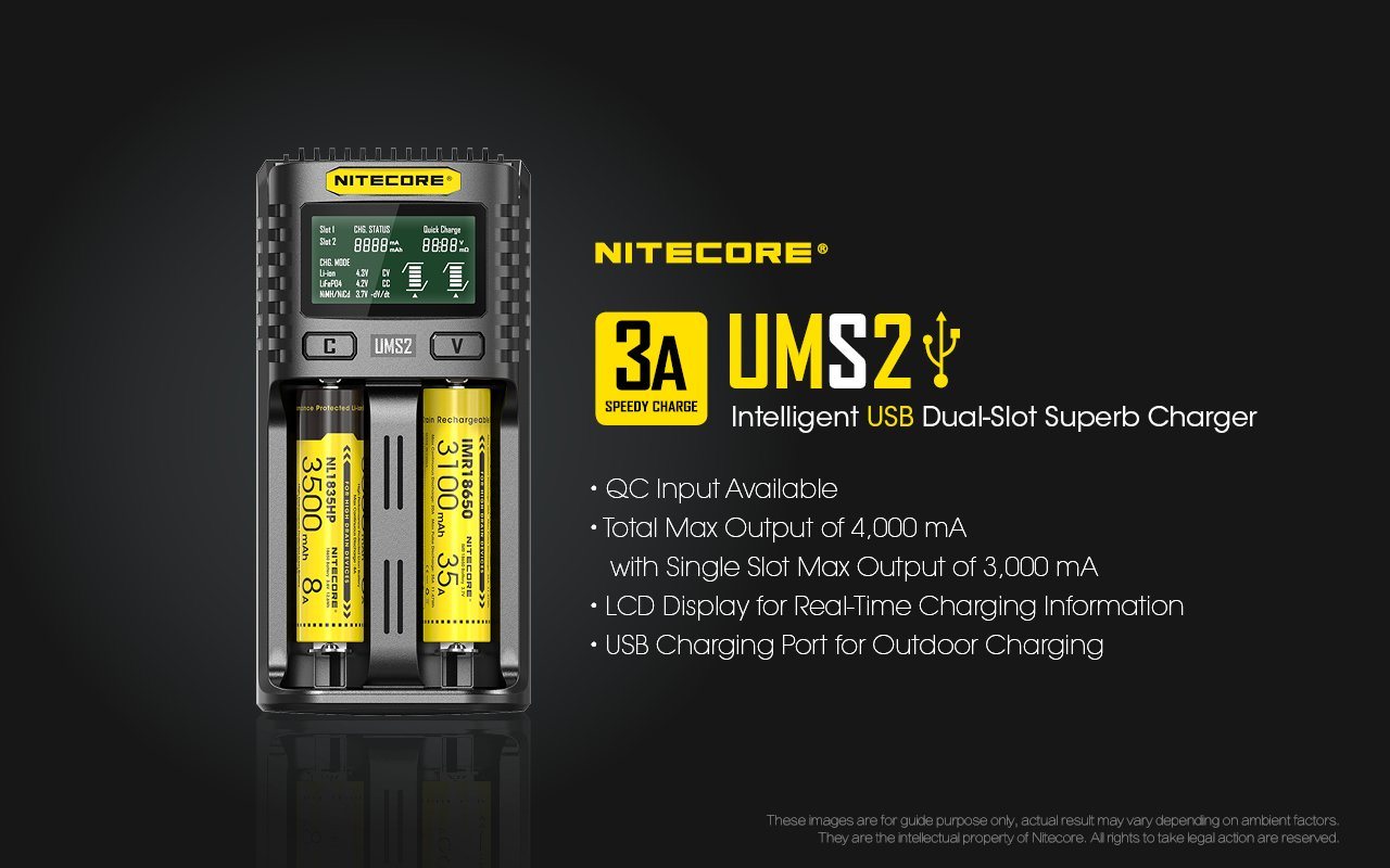 Nitecore UMS2 intelligent USB dual-slot fast battery charger with LCD display for Li-ion, Ni-MH, and Ni-Cd rechargeable batteries