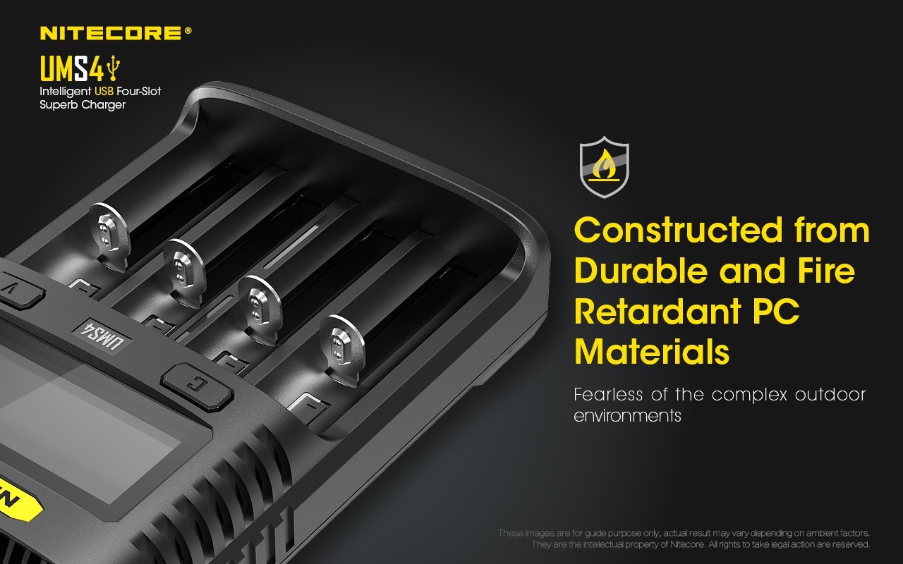 Nitecore UMS4 intelligent USB four-slot fast battery charger with LCD display compatible with Li-ion, Ni-MH, and Ni-Cd batteries