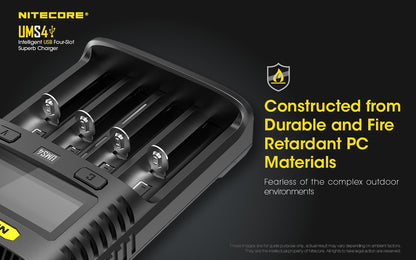Nitecore UMS4 intelligent USB four-slot fast battery charger with LCD display compatible with Li-ion, Ni-MH, and Ni-Cd batteries