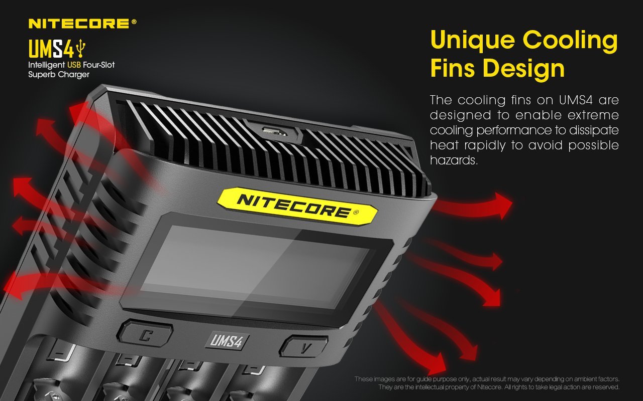 Nitecore UMS4 intelligent USB four-slot fast battery charger with LCD display compatible with Li-ion, Ni-MH, and Ni-Cd batteries