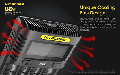 Nitecore UMS4 intelligent USB four-slot fast battery charger with LCD display compatible with Li-ion, Ni-MH, and Ni-Cd batteries